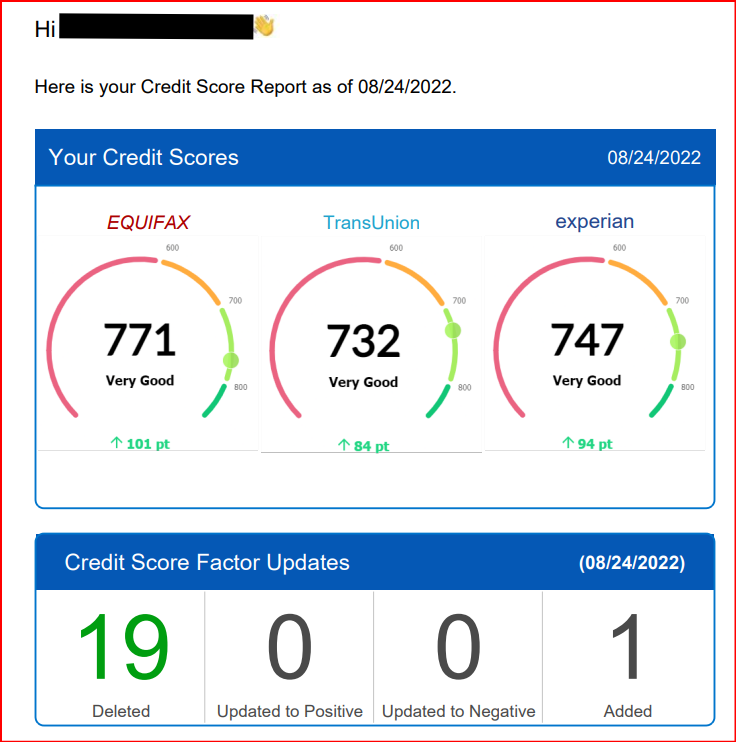 Client result: all three bureaus 730+, 19 deleted
