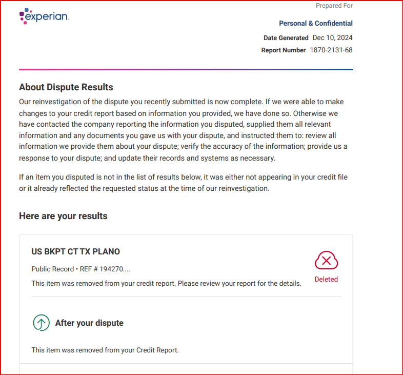 Dispute result: bankruptcy public record removed